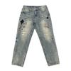 Four Seasons New Fashion Men's American High Street Hole Patched Loose Wide Leg Jeans Pants Vintage Washed Denim Trousers Male