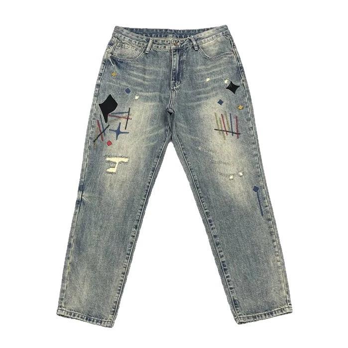 Four Seasons New Fashion Men's American High Street Hole Patched Loose Wide Leg Jeans Pants Vintage Washed Denim Trousers Male