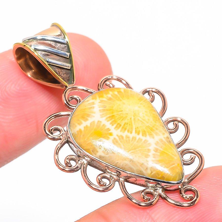 Natural Fossil Coral TwoTone 925 Solid Sterling Silver Gift Pendant 1.70" T6n94
