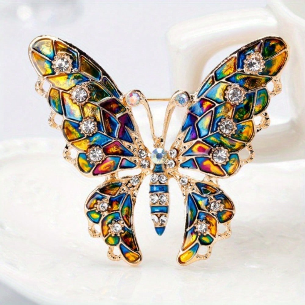 

Gold-Toned Butterfly Brooch - Iridescent Enamel Mosaic, for Daily & Party Attires, Ideal Gift for Butterfly Lovers