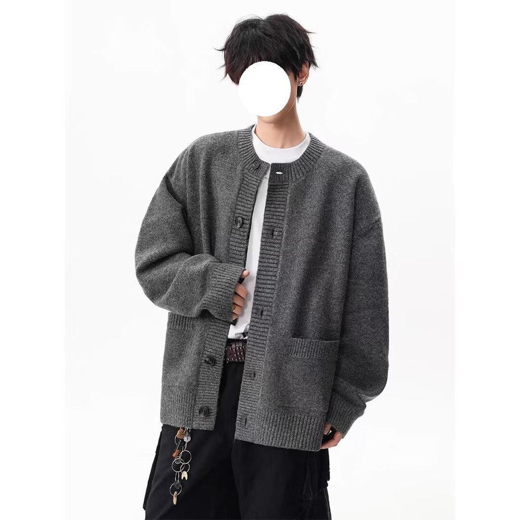 American Gray Knitted Sweater Jacket Men's Trendy Brand Autumn and Winter New Loose Casual Lazy Style Versatile Couple Cardigan