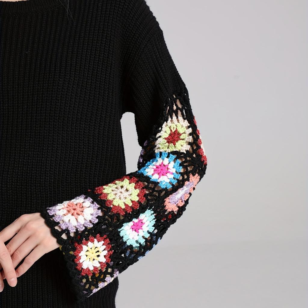 Høst og Vinter Dame Strikk Blussermermer Håndlaget Hul Blandet Farge Heklet Genser Rund Hals Pullover Topper