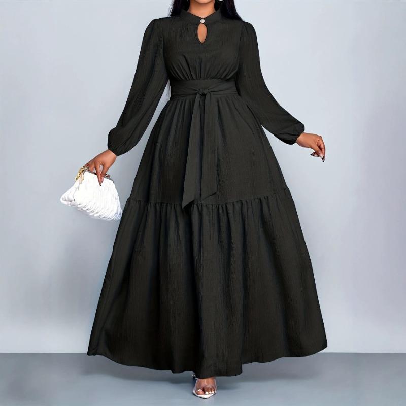 Plus Size Women Elegant Solid Half Turtleneck Long Sleeve Midi A Line Dress