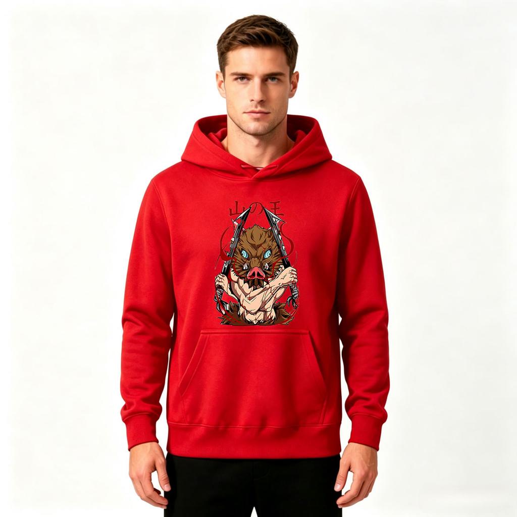 Men's Anime Boar Mask Printed Pullover Hoodie Casual Long Sleeve Sweatshirt for Daily Wear