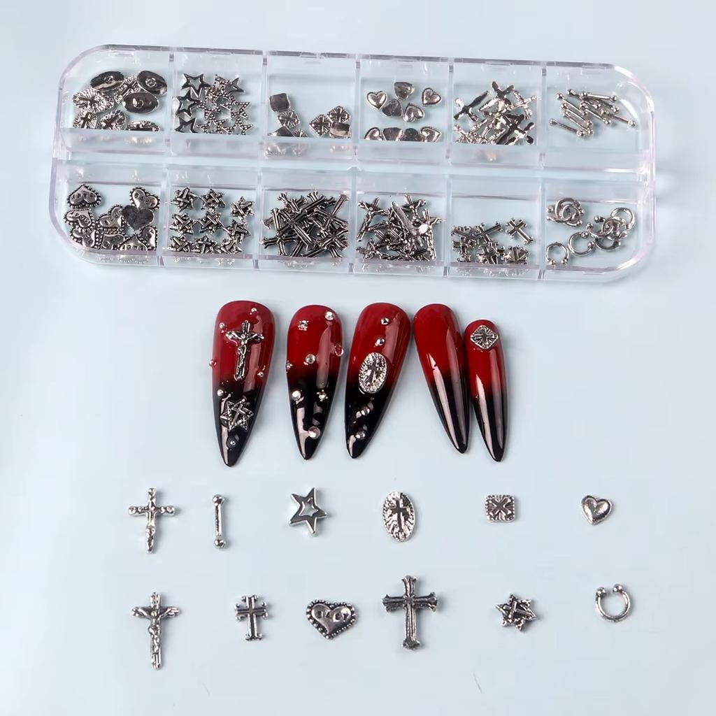 12 Grids Mixed 3D Punk Silver Heart Cross Metal Manicure Nail Decoration Retro Different Design Cross Nails Art Charms