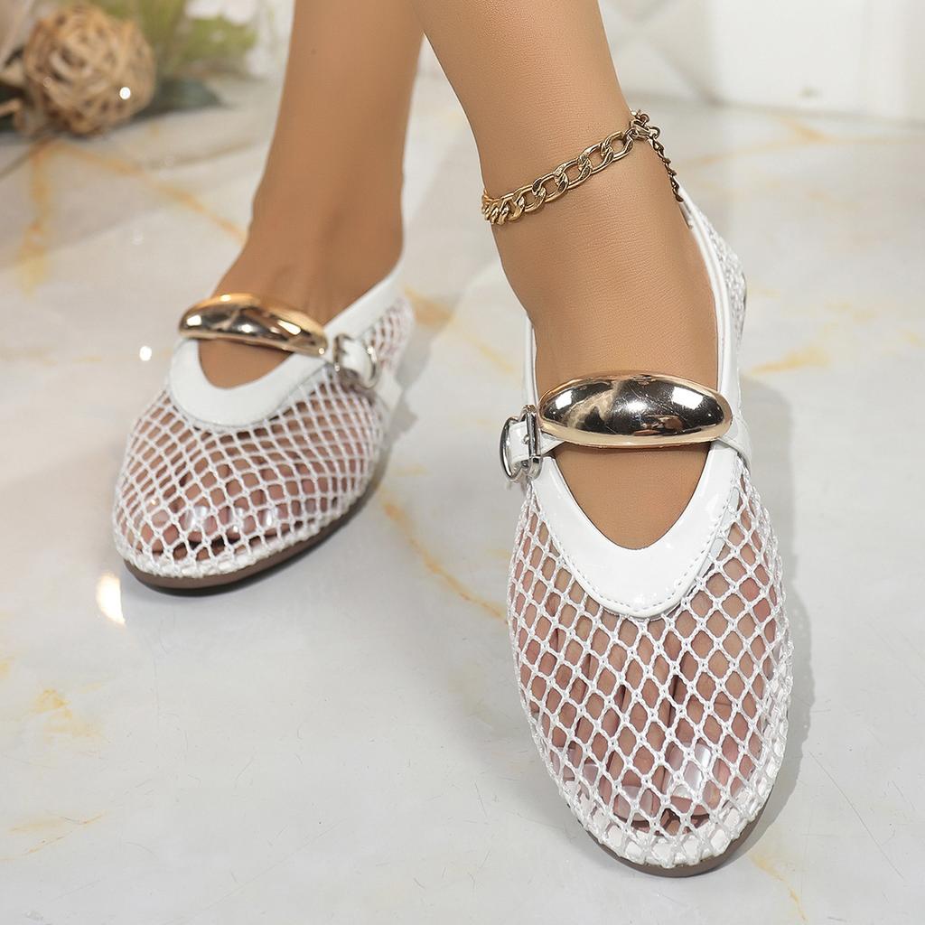 Women Hollow Mesh Mary Jane Flats Strap Breathable Openwork Slip On Casual Summer Flat Shoes