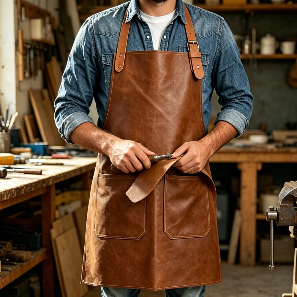 Waterproof PU Leather Apron - Oil-proof Workwear for Coffee Shops, Baking, Catering, BBQ - Unisex Customizable Apron