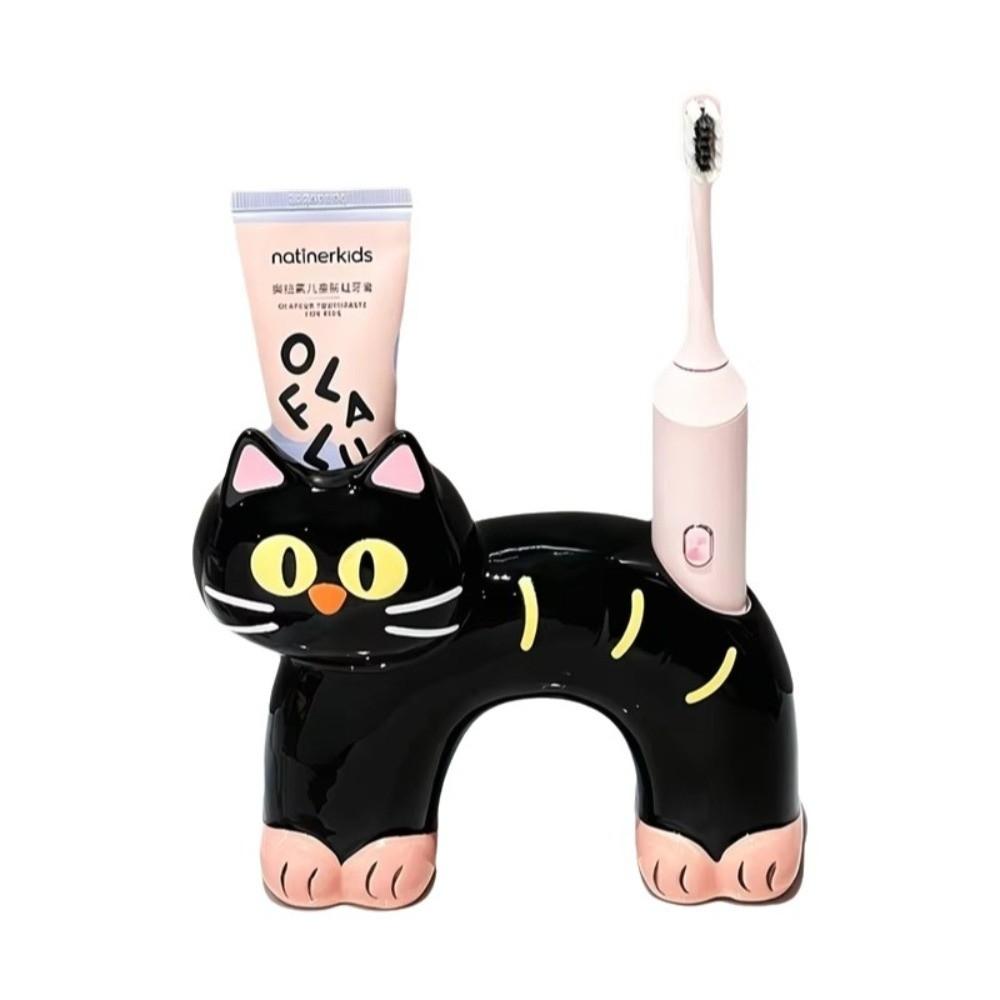 Ceramic Material Cat Toothbrush Holder Multifunctional Toothpaste Storage Rack for Pet Lovers