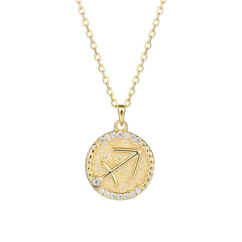 925 Sterling Silver Gold Plated CZ Stone Sign Coin Zodiac Necklaces Cubic Zirconia 12 Horoscope Necklace