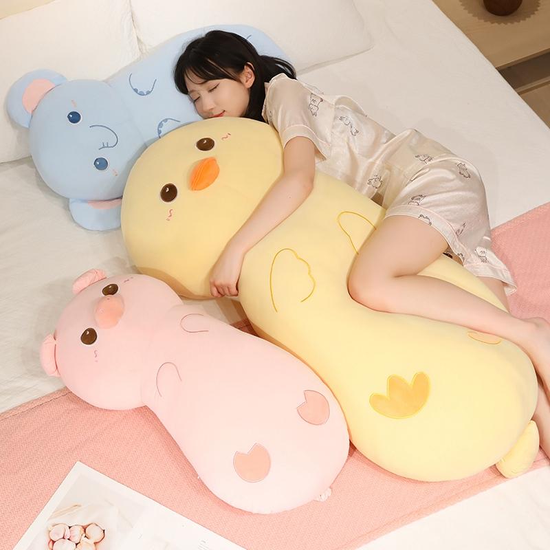 Ice Silk Cartoon Animal Plush Pillow Stuffed Yellow Duck Pink Pig Blue Elephant Long Bolster Plushie Sleeping Companion Gift