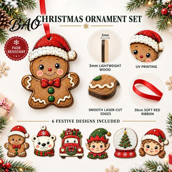 Decorative Wooden Crafts Christmas Tree Pendants with Red Rope, Cute Cartoon Hanging Ornaments Gifts for Family Holiday Home Decoration, Fireplace And
