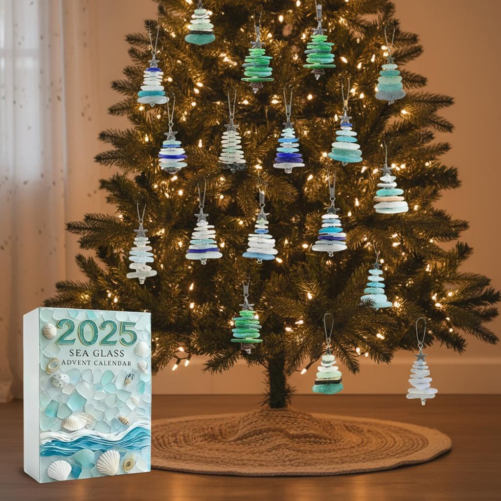 Sea Glass Christmas Tree Advent Calendar 2025 with 24 Mini Christmas Tree Ornaments Christmas Countdown Calendar for Tree Decor