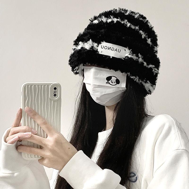 New Women's Wool Hat Winter Knitted Stripes Show Face Small Plush Warm Thickened Big Head Circumference Ear Protection Stacked Hat