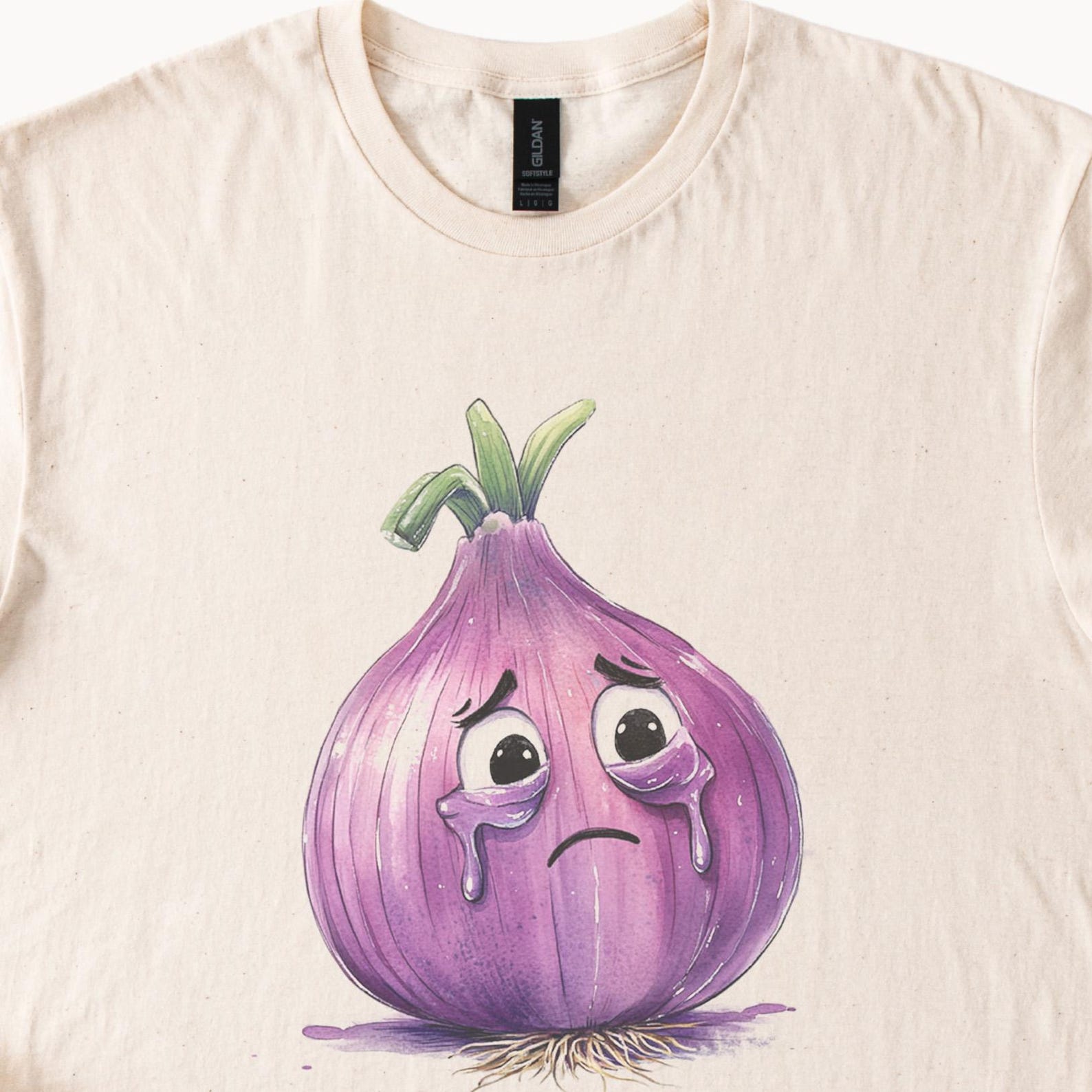 Crying Onion Cartoon Graphic T Shirt Cute Sad Purple Onion Face Art Funny Food Lover Gift Soft Comfort Tee Unique Illustration Top 130
