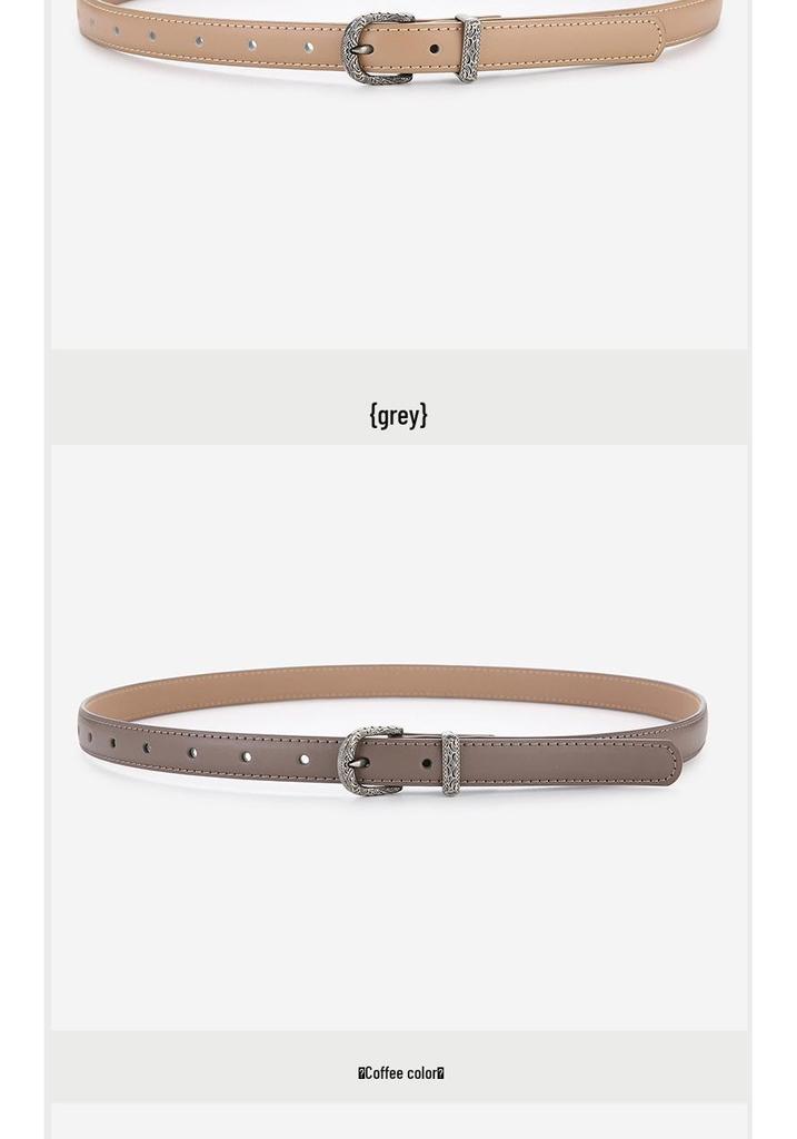 Elegant Women's Two-Layer Genuine Cowhide Leather Belt with Retro Silver Pin Buckle - Thin Decorative Accessory for Pants