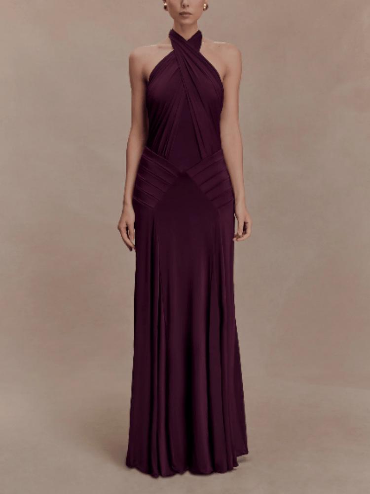 Stylish Slim Fit Halter Backless Ruched Long Dress for Women M