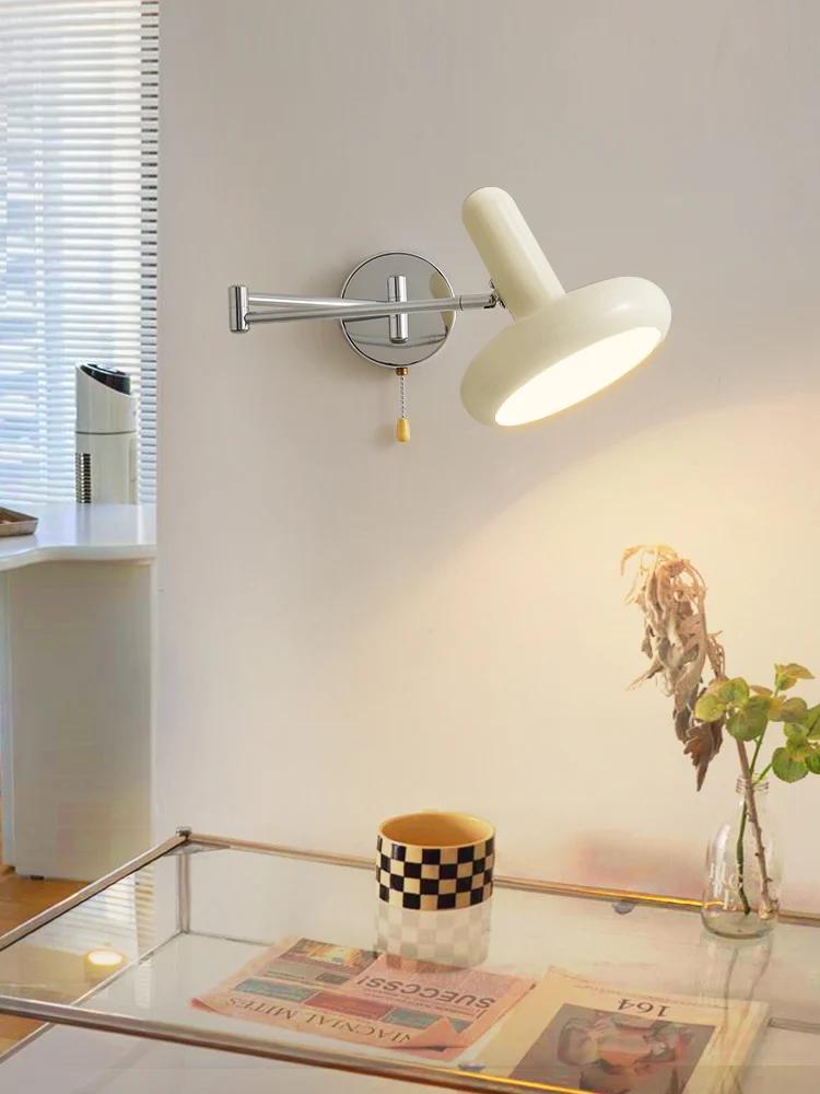 Lampă de perete reglabilă cu braț balansoar alb Bauhaus, dormitor, noptieră, sufragerie, lumini cu LED, aplice de lectură de studiu, retractabilă, cu fir