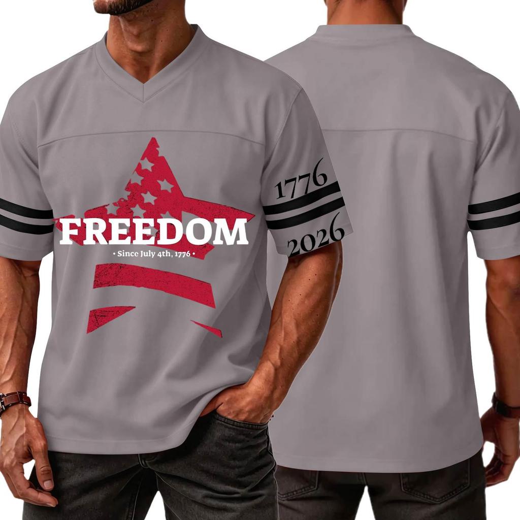 Men's Casual V Neck Short Sleeve Sports Jersey Top with Independence Day Lettering Graphic Print Freedom Since July 4th Patriotic Design
