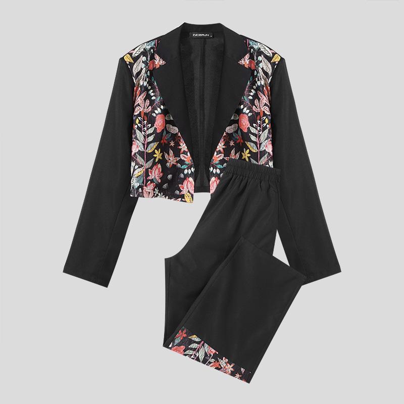 

INCERUN 2 шт. костюмы мужские с длинным рукавом кружево крючком с цветочным принтом пиджак пальто и длинные брюки 2XL чёрный