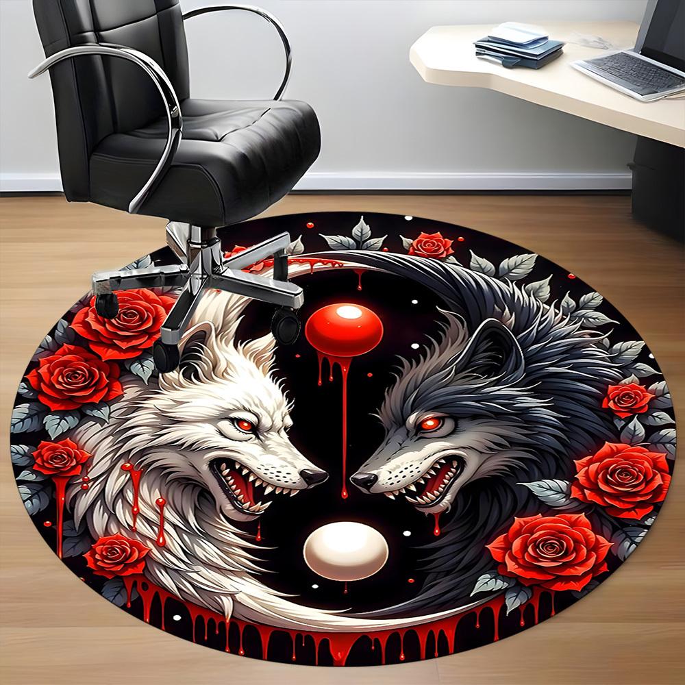 1PC Wolf Yin Yang Roses Design Office Round Rug, Non slip, Soft and Durable Office Rug for Interior Decoration, Perfect for Office