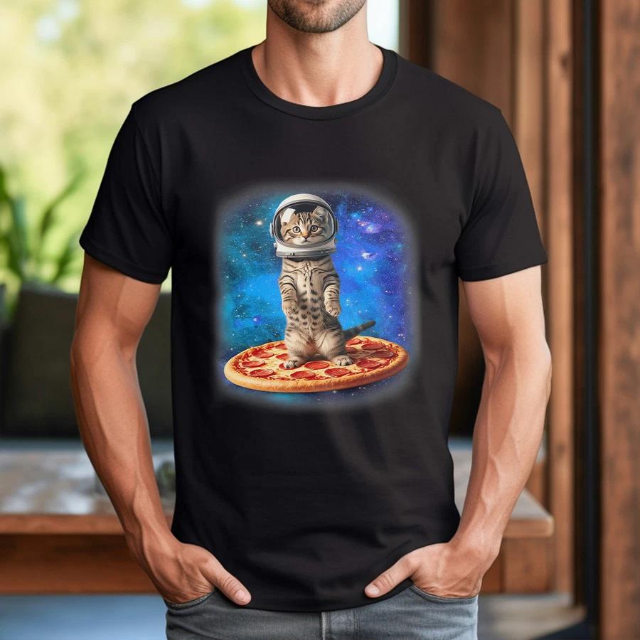Astronaut Cat With Pizza Space Kitten Funny Cat Meme Pet T-Shirt 2XL