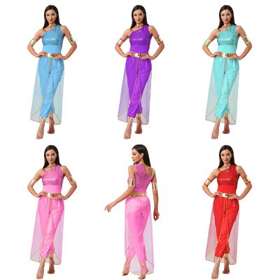 Betoverende Themafeest Jumpsuit Arabische Prinses Buikdans Kostuum met Edelsteen Decoratie voor Halloween