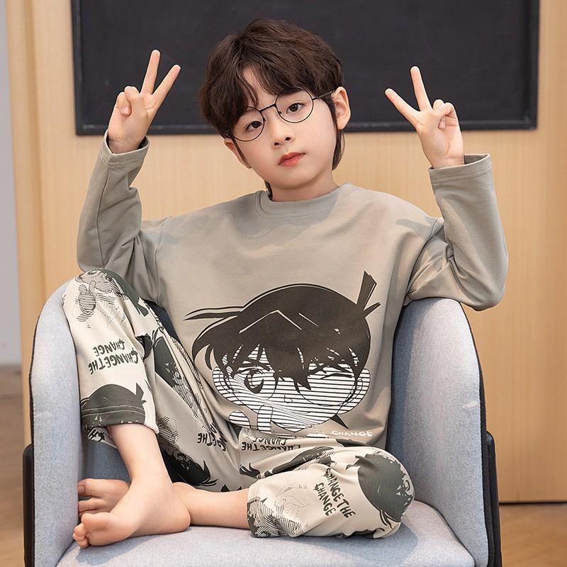 Boys Cotton Pajama Set Long Sleeve Cartoon Print Sleepwear Kids Teens Home Wear