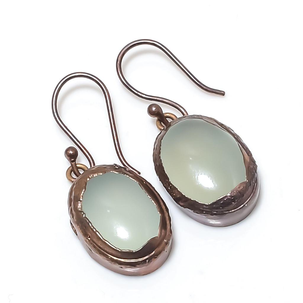 Aqua Chalcedony Handmade Gemstone Jewelry, Copper Electroformed Earrings Unique Design Jewelry, For Women
