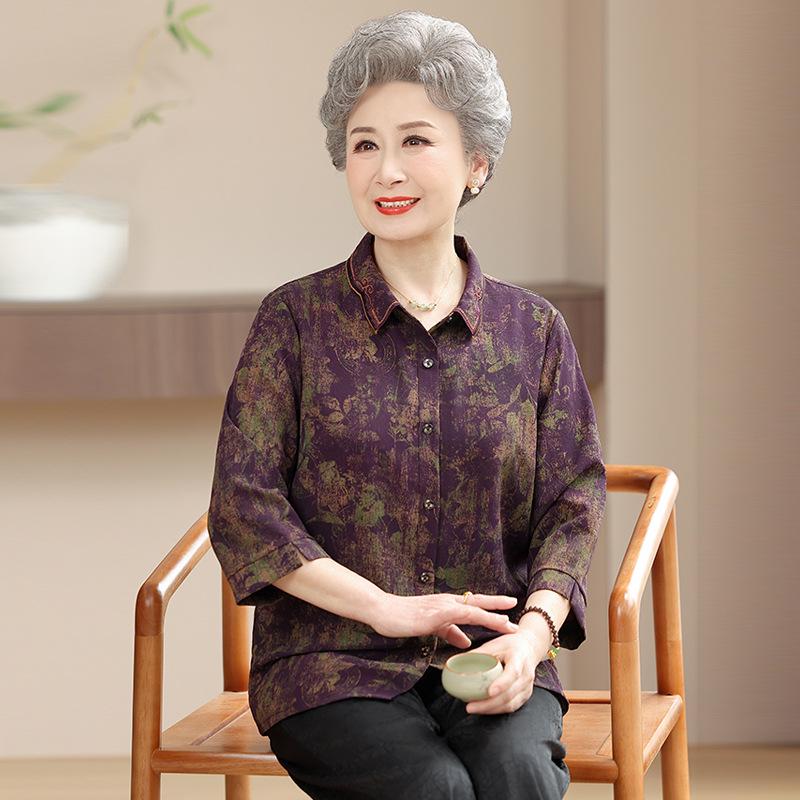 

Grandma’s Summer Seven-Sleeve Lapel Shirt for Women - Vintage Style for Middle-Aged and Elderly XL [up to 95 jin] фиолетовый