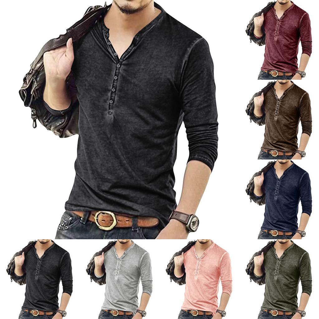 Men's Solid Color Long Sleeve Button Collar Long Sleeve T-Shirt Men's Casual Fashion Top