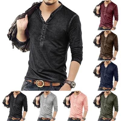 Men's Solid Color Long Sleeve Button Collar Long Sleeve T-Shirt Men's Casual Fashion Top