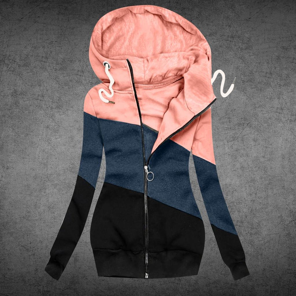 Women Winter Casual Stitching Color Jacket Zipper Sweatshirt Long Sleeve Coat