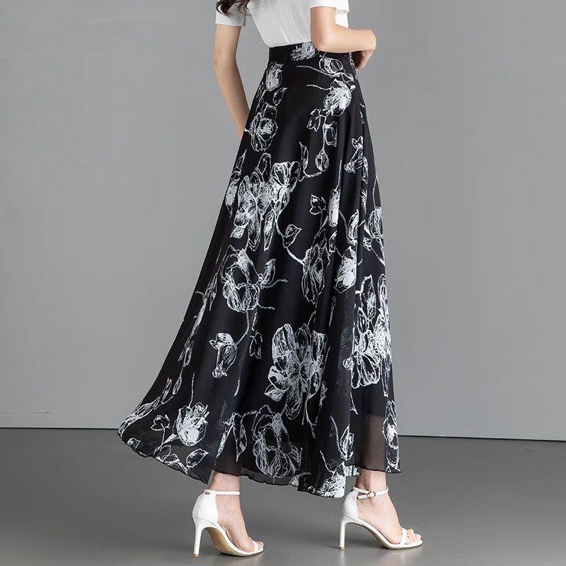 Letnia retro czarna drukowana szyfonowa spódnica do połowy długości z wysokim stanem i długą spódnicą w kształcie litery A, duża spódnica parasolowa z kwiatowym wzorem dla kobiet
