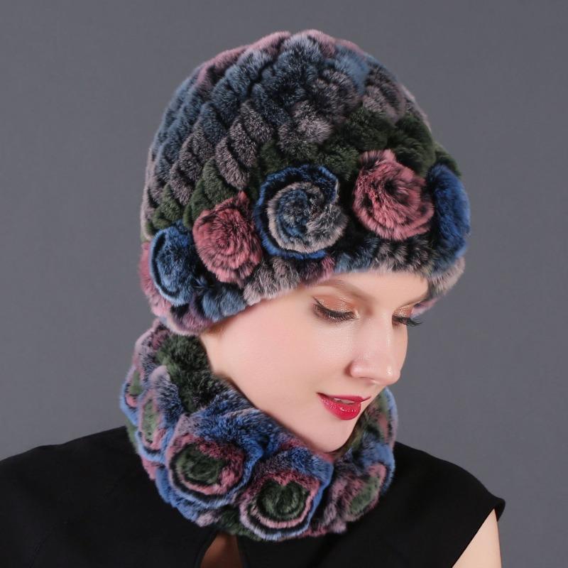 New High-quality Rex Rabbit Fur Accessories Autumn and Winter Women's Versatile Warm Hat Scarf Two-piece Set