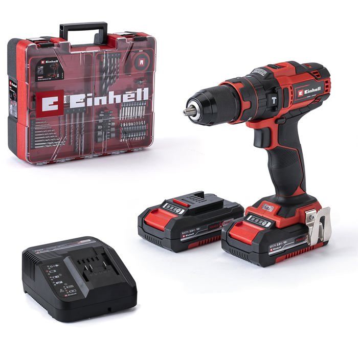 Einhell perceuse visseuse à percussion sans fil te-cd 18/40 li-i + 64 accessoires pxc (18v) livré avec 2 batteries 2ah, chargeur