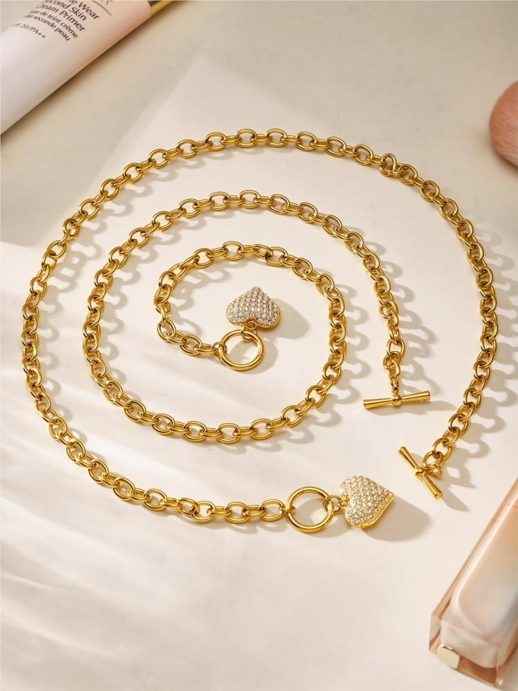 Stainless Steel Chain Necklace Matching Bracelet For Women 18k Gold Plated Non Tarnish Women's Heart Pendant Necklaces Bracelets