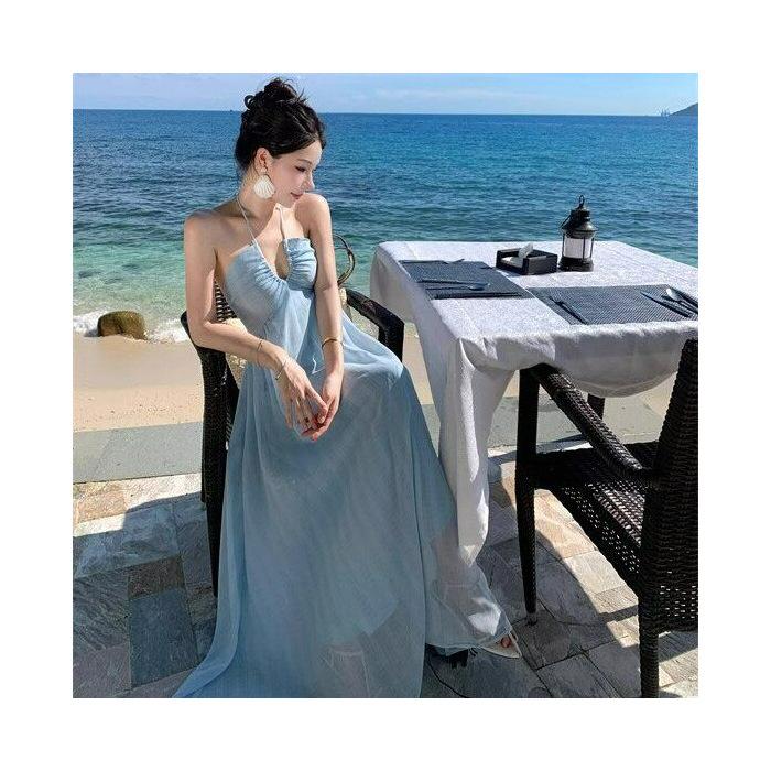 Seaside Vacation Super Fairy Atmosphere Halter Beautiful Sanya Photo Skirt French Neck Suspender Dress Summer