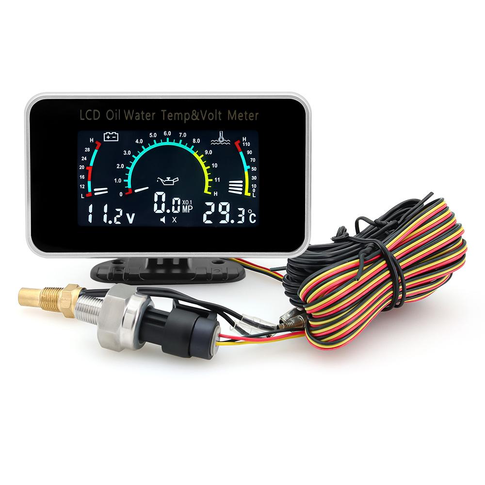

4 в 1 ЖК-цифровой автомобильный датчик температуры воды, давления масла, вольтметр, указатель уровня топлива, датчик давления масла + датчик температуры воды