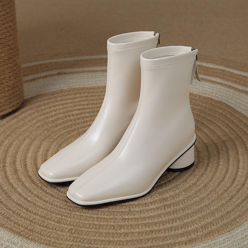 Fashion Square Head Short Boots Women's 2025 Autumn and Winter New Soft Sole Fashion Versatile Thick Heel Chelsea Thin Boots Women