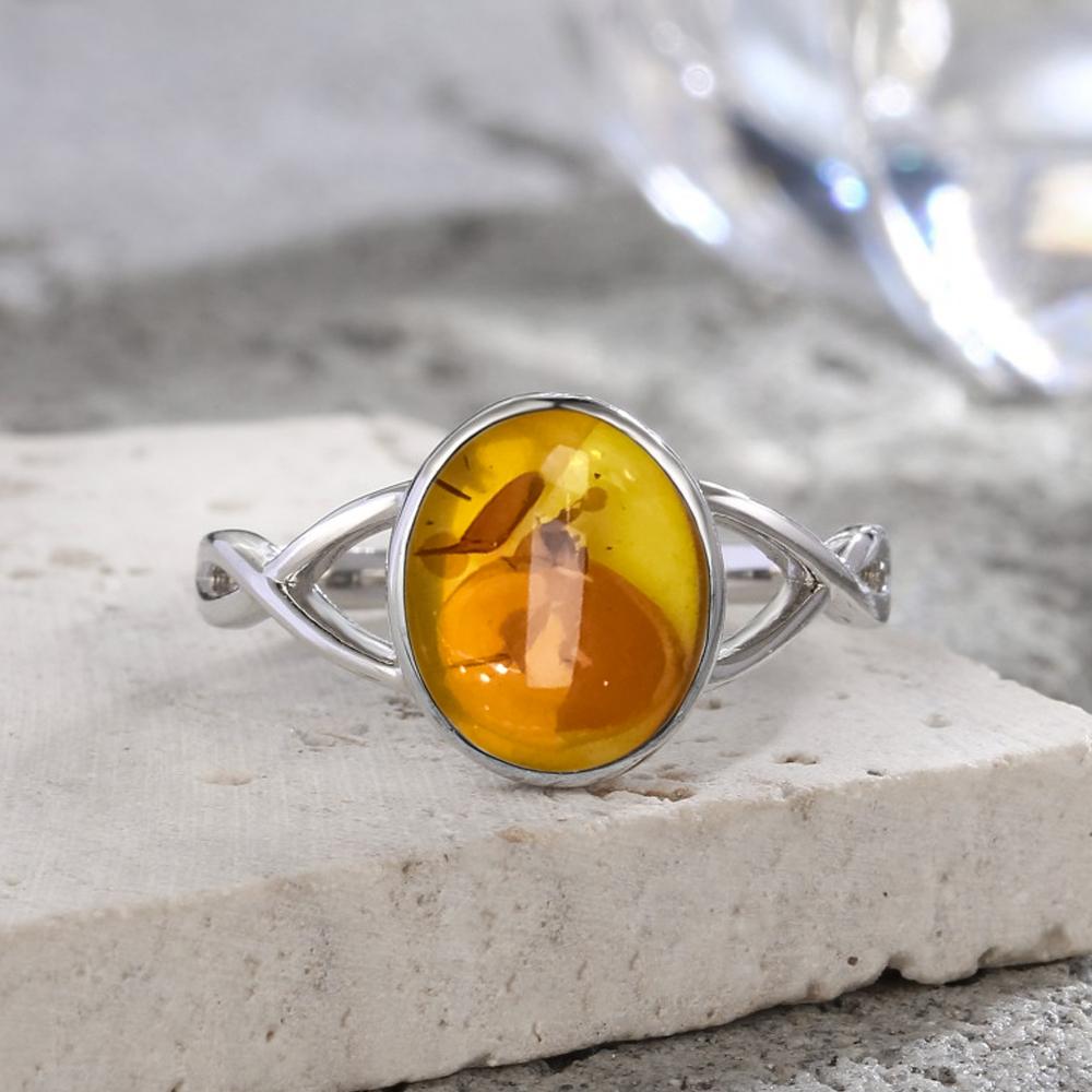 S Sterling Silver Ring With Natural Amber Stone Flower Shape Oval Petal Amber Stone Gifts Fine Jewelry For Women