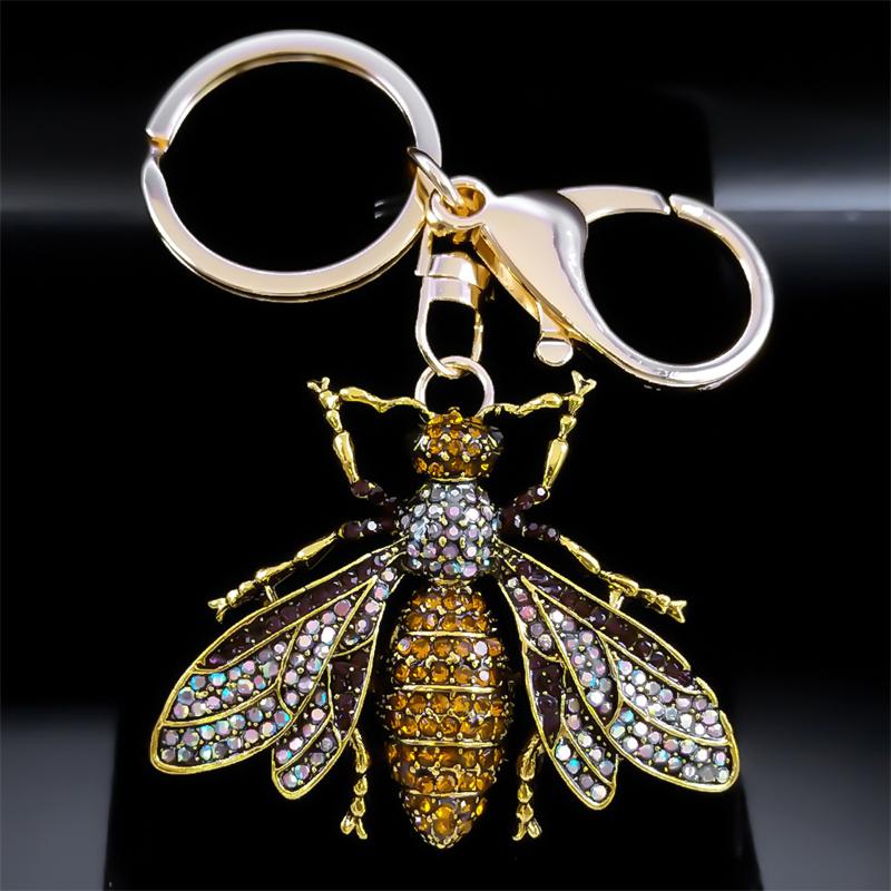 Vintage Crystal Bee Pendant Key Chain Women Alloy Rhinestone Keyring Car Bag Accessories Jewelry Llaveros Para Mujer K9242S04