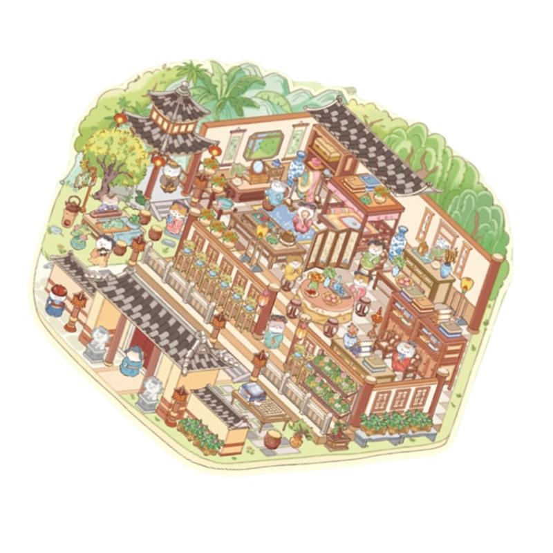 3D Szenenaufkleber Chinesischer Stil Landschaftsaufkleber Katzenhütte Handkontoaufkleber Etiketten Journaling-Zubehör