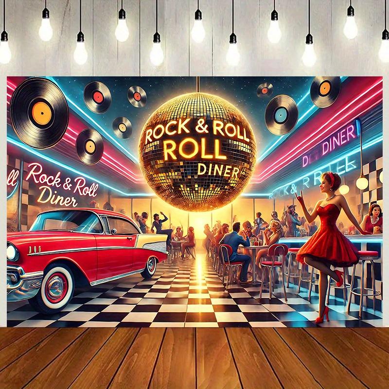 1 Piece of 2D Flat Banner  Mini Rock Theme 2D Background  Neon Lights Vintage Cars and Vinyl Records Design