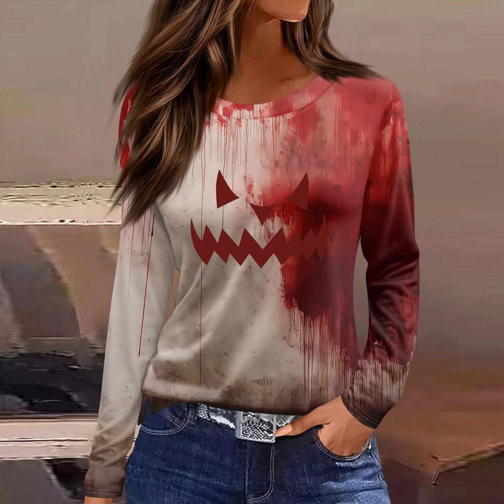 Women's Fashion Casual Slit Hem Round Neck Long Sleeve Loose Halloween Printed T-Shirt Ladies Top