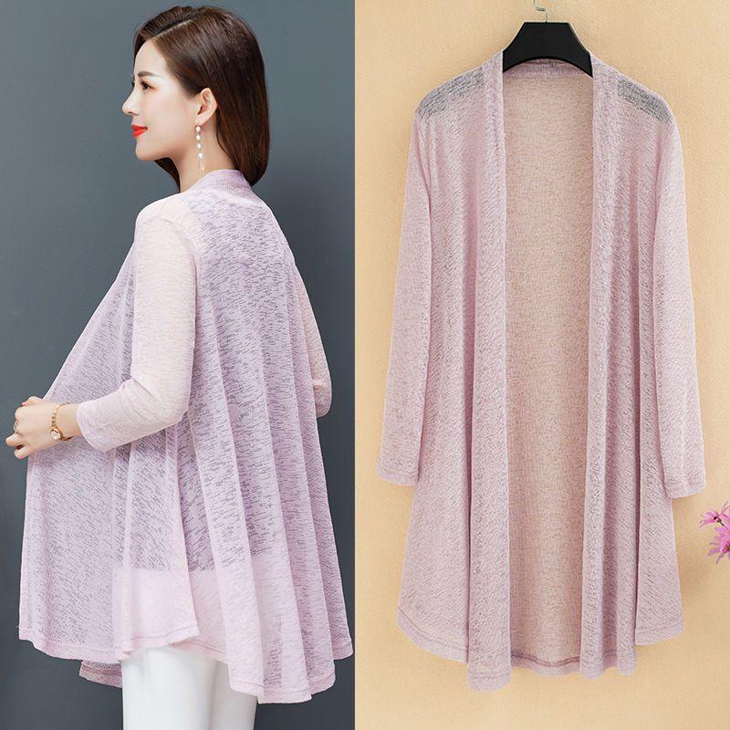 Sommer Neu Übergröße Strickjacke Damen Baumwolle und Leinen Strickpullover Klimaanlagenhemd Sonnenschutz Mittelang Dünne Jacke Schal