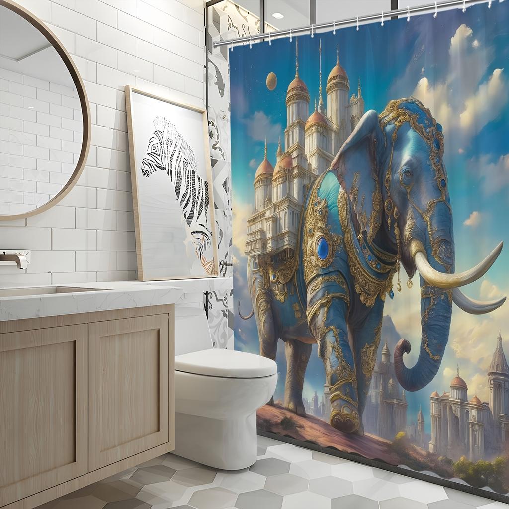 Fantasy Elephant Castle Shower Curtain - Blue Elephant In Golden Armor, Magical Scene, Polyester Fabric,Includes 12 Hooks