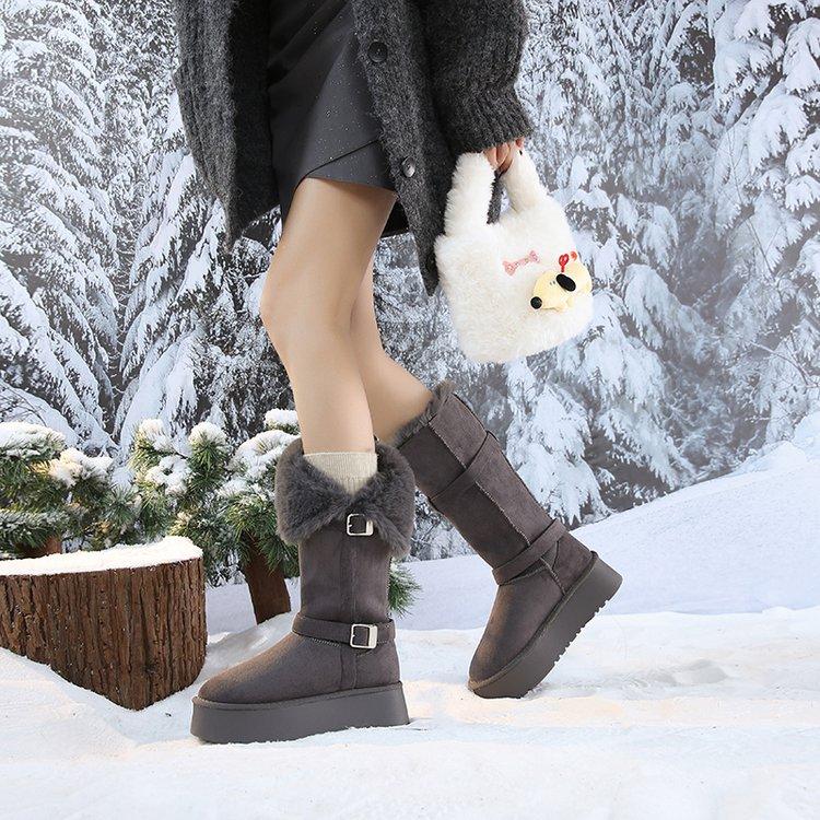 Northeast Snow Boots Women's Winter 2025 New Plush Thickened Plush Cotton Shoes One-word Buckle with Platform Boots
