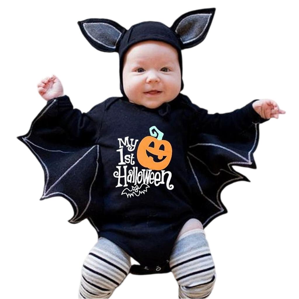 Halloween Baby Black Bat Costume Cosplay Romper Jumpsuit Infant Boys Girls Purim Party Carnival Fancy Dress Long Short Umorden