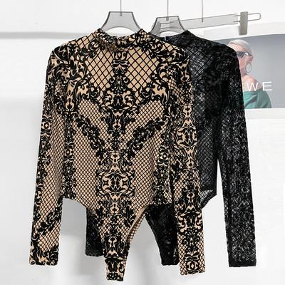 Kadın Dantel Şeffaf V Yaka Uzun Kollu Tişörtler Üstler Bodysuit Tulum Dar Tulumlar Sonbahar Giysileri Kulüp Giysileri Bodysuit'ler