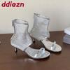 Fashion Fashion Mesh Footwear Open Toe Women Low Heel Ankle Boots Shoes Zippers Modern Female Heeled Sandals Booties Shoes For Ladies